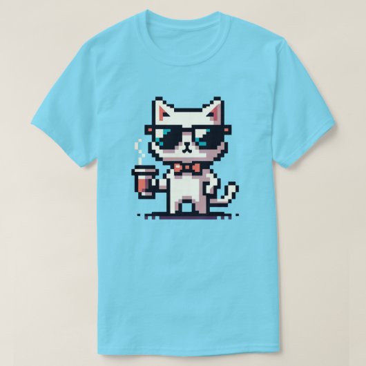 Cool Pixel Cat met Koffie - 8-bits Retro Feline T-shirt (Design voorkant)