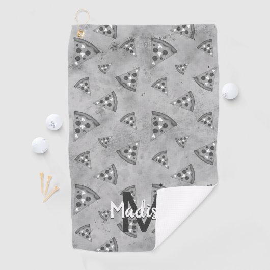 Cool pizza slice  zwart wit monogram golfhanddoek (Insitu)