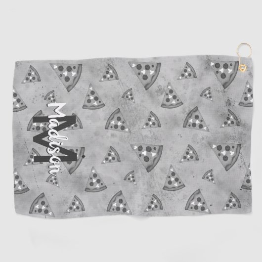 Cool pizza slice  zwart wit monogram golfhanddoek (Horizontaal)