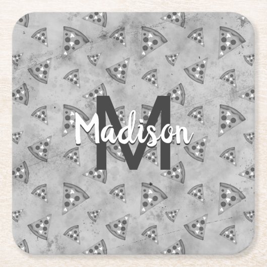 Cool pizza slice  zwart wit monogram kartonnen onderzetters (Voorkant)