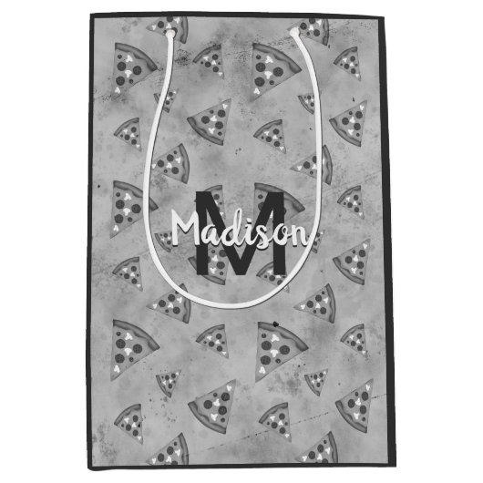Cool pizza slice zwart wit monogram medium cadeauzakje (Voorkant)