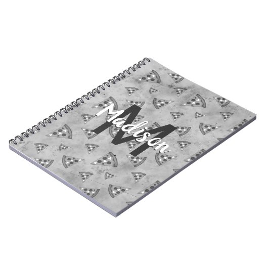 Cool pizza slice zwart wit monogram notitieboek (Linkerzijde)