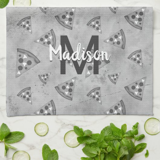 Cool pizza slice  zwart wit monogram theedoek (Gevouwen)