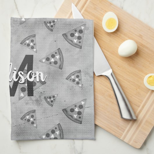 Cool pizza slice  zwart wit monogram theedoek (Quarter Fold)