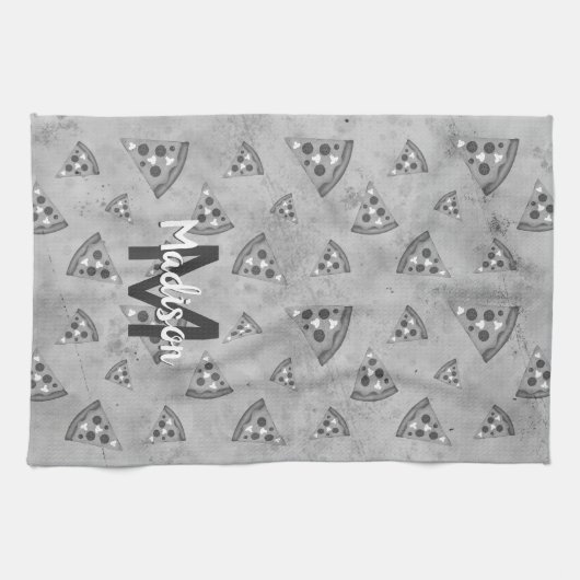 Cool pizza slice  zwart wit monogram theedoek (Horizontaal)