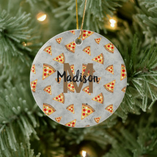 Cool pizza snijdt  grijs patroon Monogram Keramisch Ornament