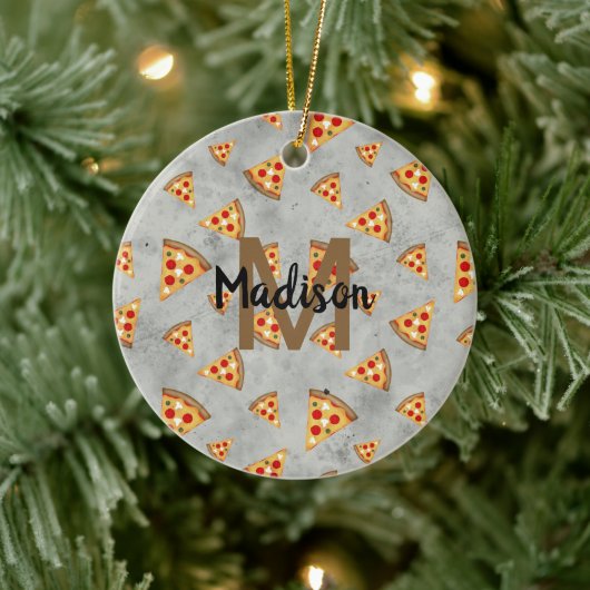 Cool pizza snijdt  grijs patroon Monogram Keramisch Ornament (Boom)