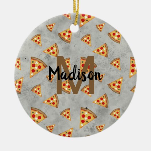 Cool pizza snijdt grijs patroon Monogram Keramisch Ornament (Voorkant)