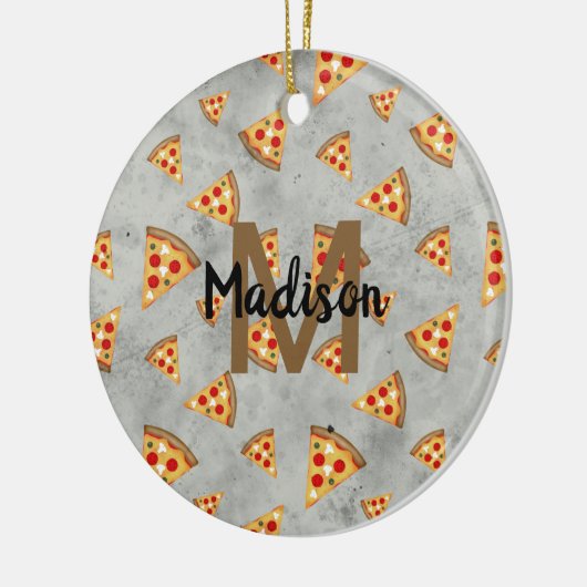 Cool pizza snijdt  grijs patroon Monogram Keramisch Ornament (Links)