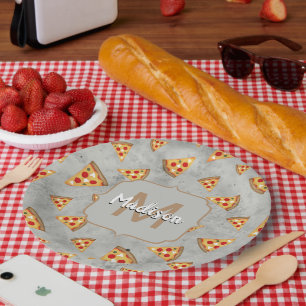 Cool pizza snijdt  grijs patroon Monogram Papieren Bordje