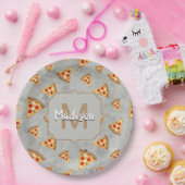 Cool pizza snijdt  grijs patroon Monogram Papieren Bordje (Feest)