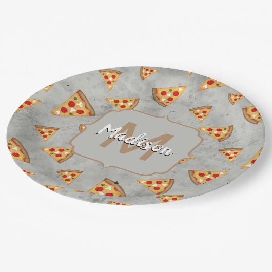 Cool pizza snijdt  grijs patroon Monogram Papieren Bordje (Gekanteld)