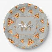 Cool pizza snijdt  grijs patroon Monogram Papieren Bordje (Voorkant)