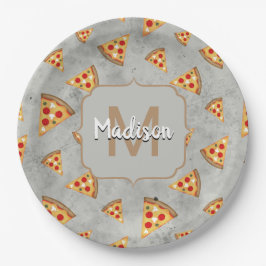 Cool pizza snijdt  grijs patroon Monogram Papieren Bordje