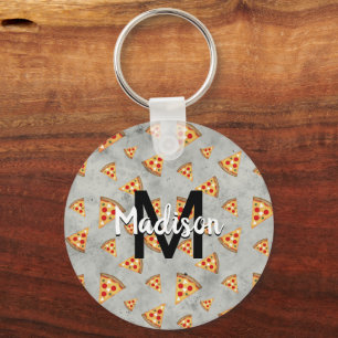 Cool pizza snijdt  grijs patroon Monogram Sleutelhanger