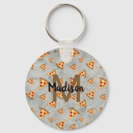 Cool pizza snijdt  grijs patroon Monogram Sleutelhanger