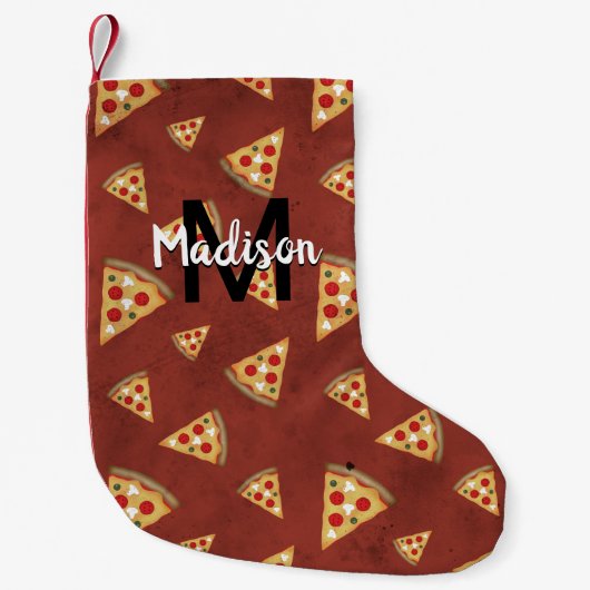 Cool pizza snijdt rood patroon Monogram Kleine Kerstsok (Voorkant)
