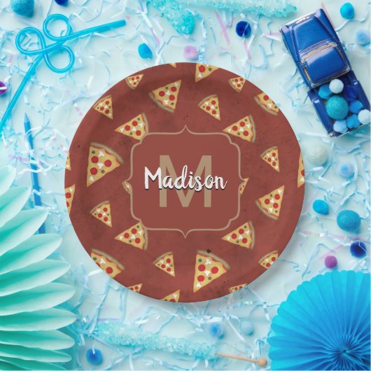 Cool pizza snijdt  rood patroon Monogram Papieren Bordje (Feest)