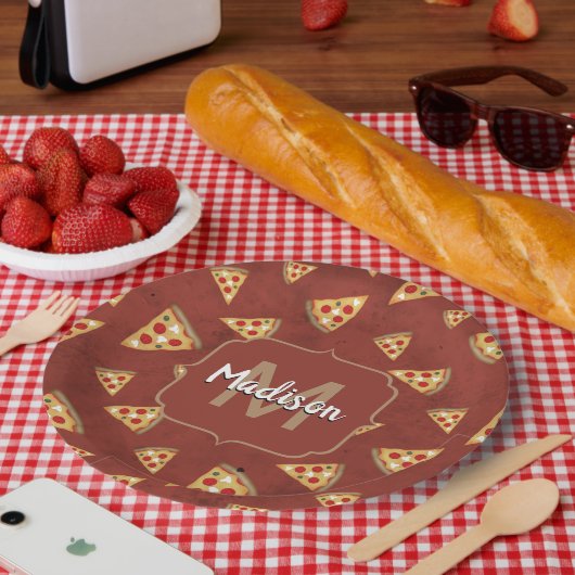 Cool pizza snijdt  rood patroon Monogram Papieren Bordje (Picknick)
