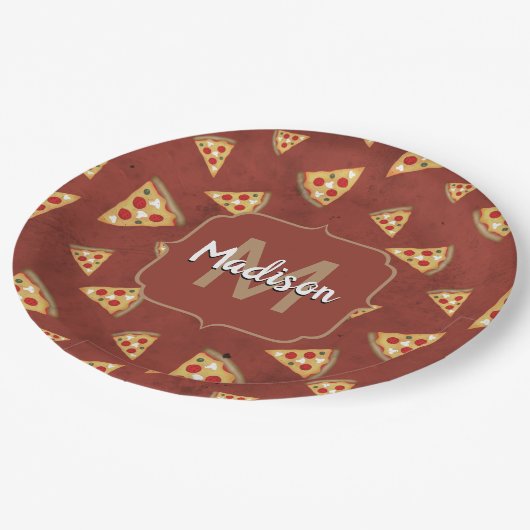 Cool pizza snijdt rood patroon Monogram Papieren Bordje (Gekanteld)