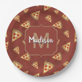 Cool pizza snijdt  rood patroon Monogram Papieren Bordje (Voorkant)