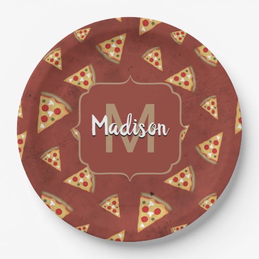 Cool pizza snijdt  rood patroon Monogram Papieren Bordje (Voorkant)