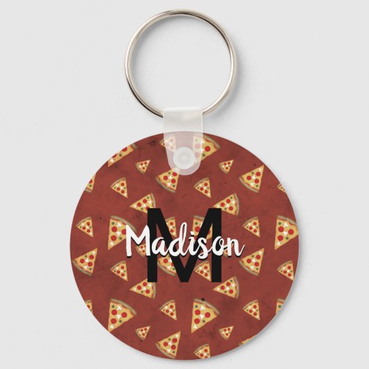 Cool pizza snijdt rood patroon Monogram Sleutelhanger (Voorkant)