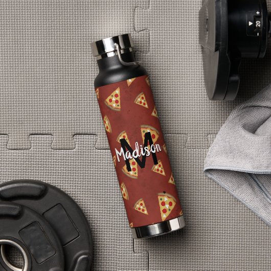 Cool pizza snijdt  rood patroon Monogram Waterfles (Gym)