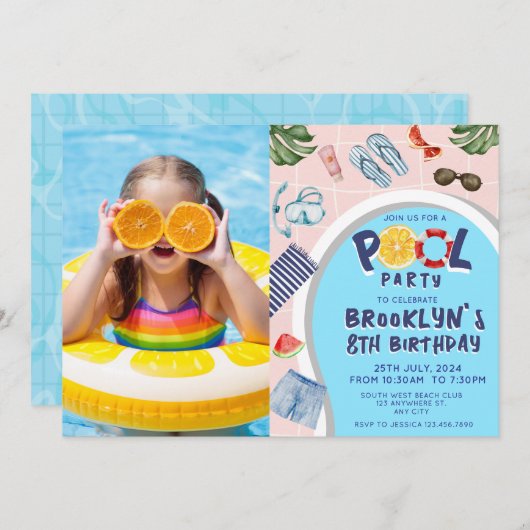 Cool Pool Party Foto Verjaardag Kaart (Voorkant / Achterkant)