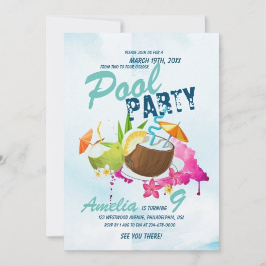 Cool Pool Party Verjaardag Tropisch Feest Kaart (Voorkant)