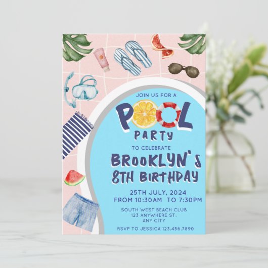 Cool Pool Party Verjaardag uitnodiging (Staand voorkant)