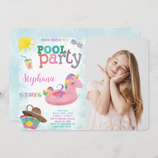Cool Pool Verjaardag Foto uitnodiging (Voorkant / Achterkant)