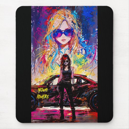Cool Pop Art anime vrouw raceauto bestuurder bewer Muismat (Voorkant)