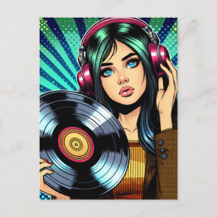 Cool Pop Art Comic Style Meisje met Vinyl Album Briefkaart