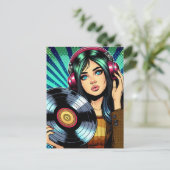 Cool Pop Art Comic Style Meisje met Vinyl Album Briefkaart (Staand voorkant)