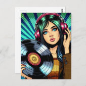 Cool Pop Art Comic Style Meisje met Vinyl Album Briefkaart (Voorkant / Achterkant)