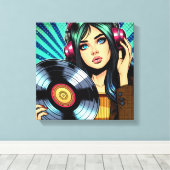 Cool Pop Art Comic Style Meisje met Vinyl Album Canvas Afdruk (Insitu (Houten vloer))