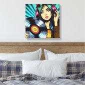 Cool Pop Art Comic Style Meisje met Vinyl Album Canvas Afdruk (Insitu (Slaapkamer))