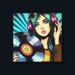 Cool Pop Art Comic Style Meisje met Vinyl Album Canvas Afdruk<br><div class="desc">Pop art stijl comic meisje met hoofdtelefoon op het luisteren naar muziek en een vinyl plaat in haar handen.</div>