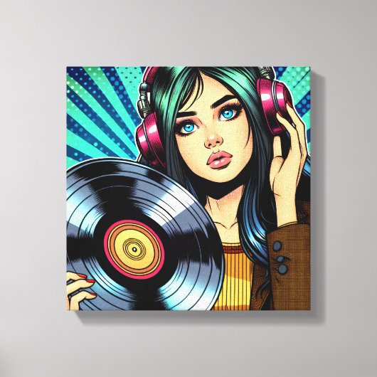 Cool Pop Art Comic Style Meisje met Vinyl Album Canvas Afdruk (Voorkant)