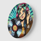 Cool Pop Art Comic Style Meisje met Vinyl Album Grote Klok (Hoek)