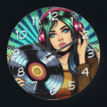 Cool Pop Art Comic Style Meisje met Vinyl Album Grote Klok<br><div class="desc">Pop art stijl comic meisje met hoofdtelefoon op het luisteren naar muziek en een vinyl plaat in haar handen.</div>