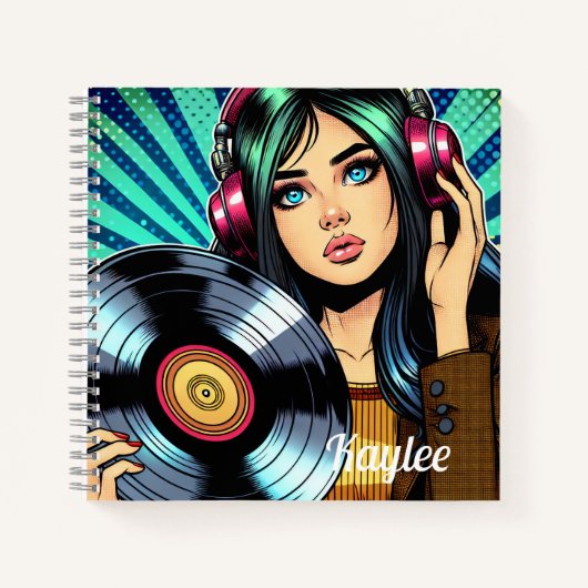 Cool Pop Art Comic Style Meisje met Vinyl Album Notitieboek (Voorkant)