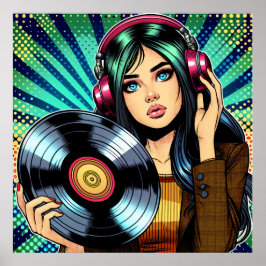 Cool Pop Art Comic Style Meisje met Vinyl Album Poster