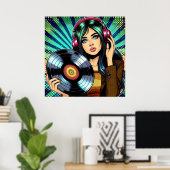 Cool Pop Art Comic Style Meisje met Vinyl Album Poster (Thuiskantoor)