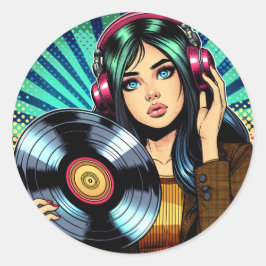 Cool Pop Art Comic Style Meisje met Vinyl Album Ronde Sticker