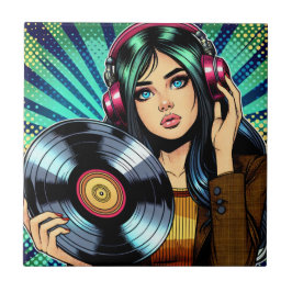 Cool Pop Art Comic Style Meisje met Vinyl Album Tegeltje