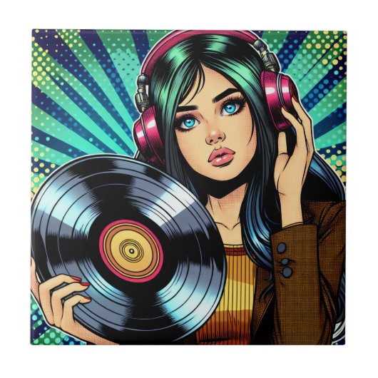 Cool Pop Art Comic Style Meisje met Vinyl Album Tegeltje (Voorkant)