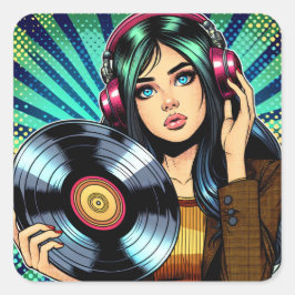 Cool Pop Art Comic Style Meisje met Vinyl Album Vierkante Sticker