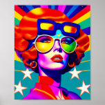 Cool Pop Art en zonnebrillen Poster<br><div class="desc">Deze kunstschepping van pop zal je meenemen op een reis naar het groovy verleden, met een gedurfde en stijlvolle draai. Een fascinerend, psychedelisch meisje, met een paar coole zonnebrillen, poppen tegen de dynamische sterren en strepen achtergrond. De retro vibe, in combinatie met het moderne kunstontwerp van de pop, maakt dit...</div>